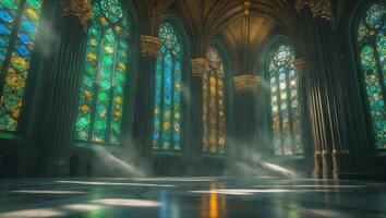 Stunning stained glass windows illuminate an expansive, ancient hall filled with soft light and ethereal fog photo