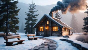 Cozy log cabin in winter surrounded by pine trees and snowfall at dusk photo