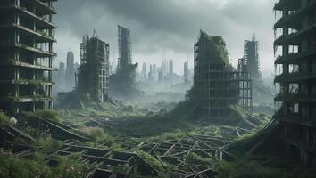Abandoned cityscape with overgrown structures and misty atmosphere revealing nature's reclamation efforts photo