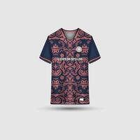 Jersey mockup design. Uniform front view jersey and sublimation templates for soccer, football, volleyball, badminton, e-sports, casual. Ethnic pattern navy peach vector