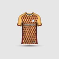 Jersey mockup design. Uniform front view jersey and sublimation templates for soccer, football, volleyball, badminton, e-sports, casual. Lines yellow maroon vector