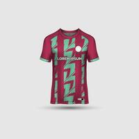 Jersey mockup design. Uniform front view jersey and sublimation templates for soccer, football, volleyball, badminton, e-sports, casual. Chevron stripe red tosca vector