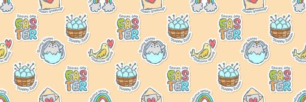 Easter colorful doodle icons stickers with quotes seamless pattern, hand-drawn spring hunt theme background, cute symbols, elements and lettering collection. vector
