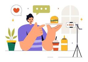 Blogger Tasting and Reviewing Gourmet Dishes in a Flat Style vector