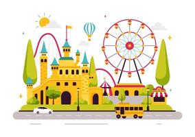 Illustration of a Theme Park with a Carousel and Exciting Carnival Rides vector