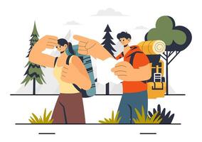 Survivalist Camping Adventure Illustration with Tent Setup and Forest Exploration vector