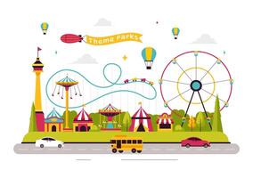 Amusement Park Illustration with a Carousel, Ticket Booth, and Funfair Attractions vector