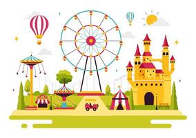 Illustration of a Thrilling Theme Park with a Carousel and Game Stalls vector