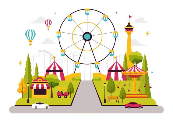 Flat Style Funfair Illustration Featuring a Theme Park with Exciting Rides