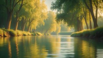 Morning sunlight reflects on a serene river surrounded by lush greenery in a tranquil natural setting photo