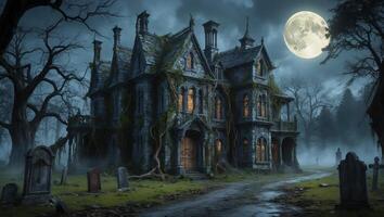 Spooky haunted mansion under a full moon with overgrown trees and graveyard photo