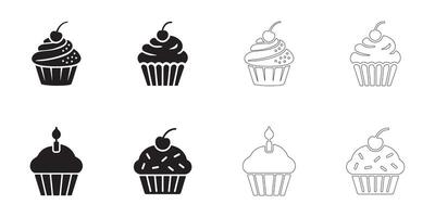 Cupcake Icons Collection Solid and Outline Styles in Black on White vector