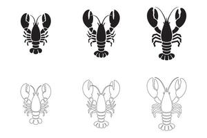 Lobster Icons Set Solid and Outline Styles in Black on White vector