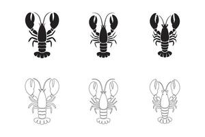 Lobster Icons Collection Solid and Outline Styles in Black on White vector