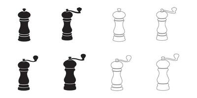 Pepper Grinder Icons Set Solid and Outline Styles in Black on White vector