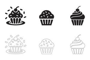 Cupcake Icons Set Solid and Outline Styles in Black on White vector