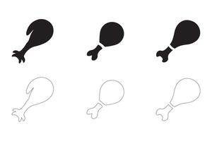 Chicken Drumstick Icons Set Solid and Outline Styles in Black on White vector