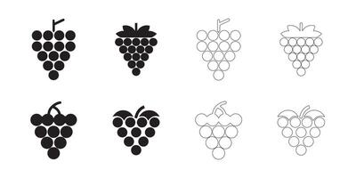 Grape Icons Set Solid and Outline Styles in Black on White vector