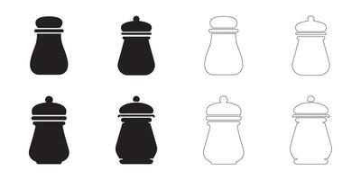 Spice Jar Icons Set Solid and Outline Styles in Black on White vector