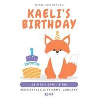 Greeting and invitation card for kids first Birthday party. Cute baby animal fox and cake with number 1 in flat childrens style. illustration, design for card, poster, event vector