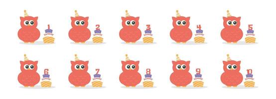 Cake with candle number with cute owl character set. Beautiful elements for Kids Birthday Party invitation, greeting card, poster, event, prints and cake toppers design vector