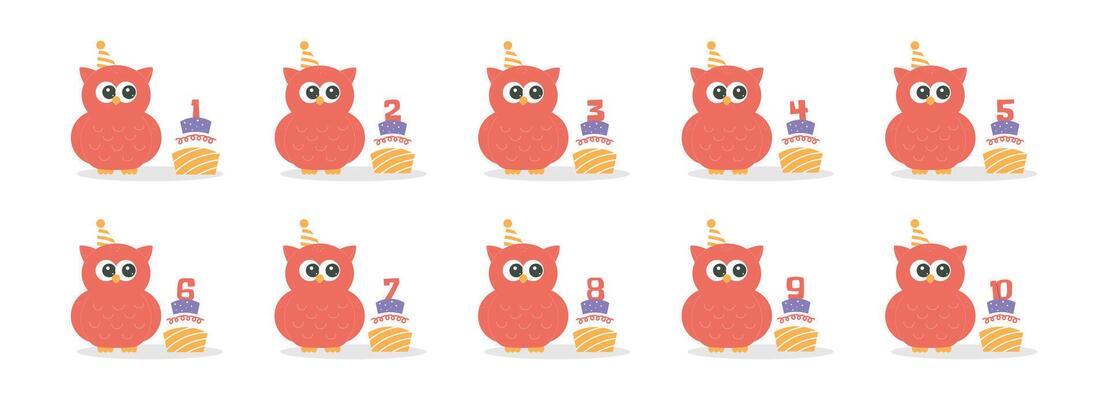 Cake with candle number with cute owl character set. Beautiful elements for Kids Birthday Party invitation, greeting card, poster, event, prints and cake toppers design