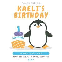 Greeting and invitation card for kids Birthday party. Cute baby animal penguin and cake with number 1 in flat childrens style. illustration, design for card, poster, event vector