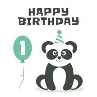 Greeting and invitation card for first Birthday party. Cute baby panda and balloon with number 1 in flat childrens style. illustration, design for card, poster, event vector