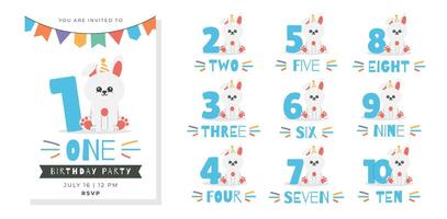 Greeting and invitation for kids Birthday party. Cute bunny in hat, text, number and rabbit in flat childrens style. illustration collection, design for card, poster, event, prints vector