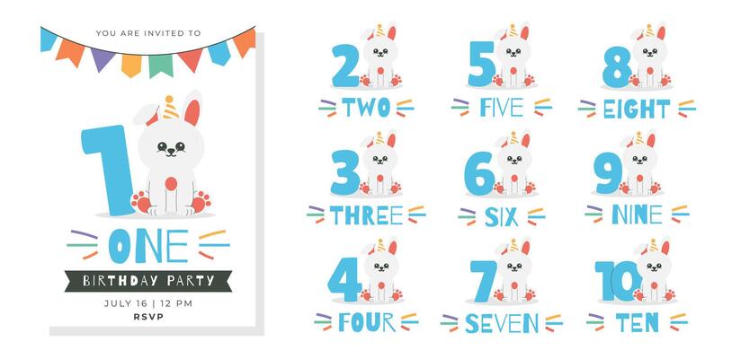 Greeting and invitation for kids Birthday party. Cute bunny in hat, text, number and rabbit in flat childrens style. illustration collection, design for card, poster, event, prints