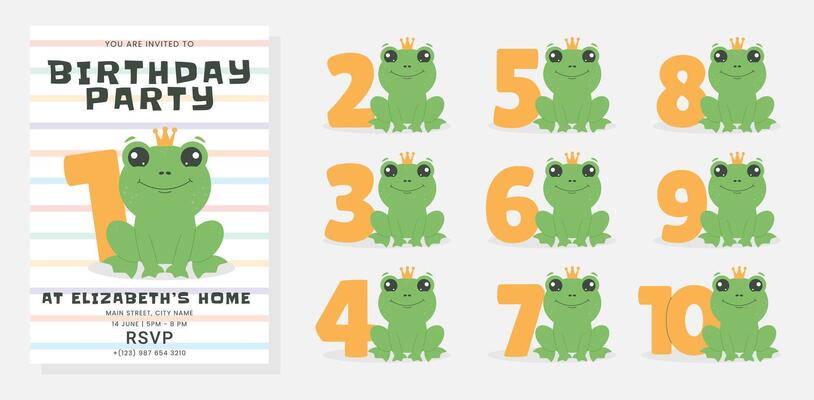 Greeting and invitation for kids Birthday party. Cute frog and set of numbers with animal in flat childrens style. illustration collection, design for card, poster, event, banner