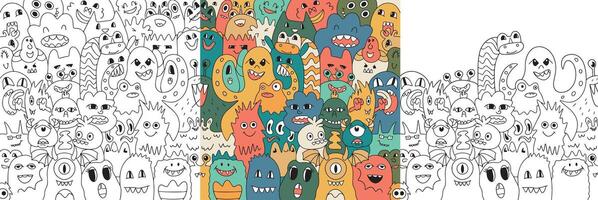 Funny big poster with cute monsters in doodle style. Hand drawn aliens. Colorful multicolored illustration and coloring. Design for kids, comics, education. vector