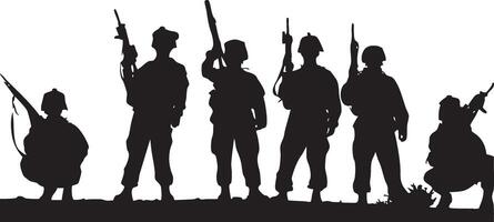 set of silhouettes of soldiers with guns and rifles. vector