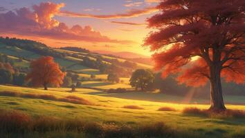 Autumn sunset over rolling hills with vibrant foliage and serene landscape view in a tranquil countryside setting photo