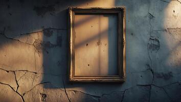 Old, cracked wall with an ornate empty frame illuminated by sunlight in an abandoned setting photo