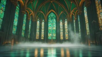 Grand interior of a mystical cathedral with stained glass windows and ethereal fog creating a serene atmosphere photo