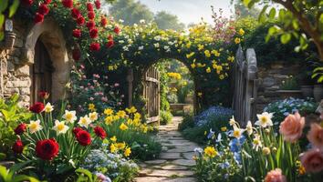 Colorful garden pathway lined with blooming flowers and stone archways in a tranquil setting photo