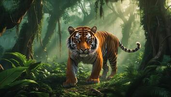 Majestic tiger walking through dense jungle with sunlight filtering through trees at midday photo