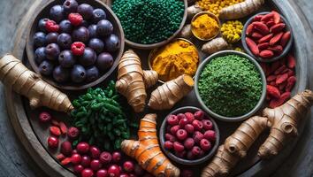 Vibrant display of various spices, herbs, and berries arranged in bowls on a rustic wooden tray photo