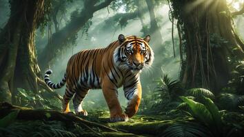 Majestic tiger walking through lush rainforest with sunlight filtering through treetops in the morning photo