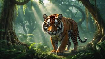 Majestic tiger walking through dense jungle with sunlight filtering through lush trees photo