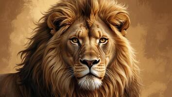Majestic lion displaying its regal mane while resting against a warm, golden background in a natural habitat setting photo