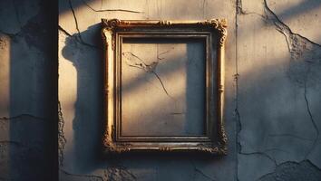 Empty ornate frame cast in soft sunlight against a cracked wall in an abandoned building photo
