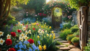Lush garden path leading to a quaint wooden gate surrounded by vibrant flowers at the onset of spring photo