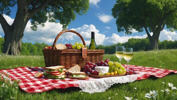 Enjoying a sunny picnic with fresh food and wine in a lush green park on a beautiful day photo