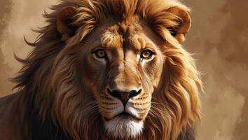 Majestic lion with intense gaze resting in the warm sunlight of the savanna photo