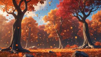 Vibrant autumn forest with dancing leaves and colorful trees under a clear blue sky photo