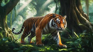 Majestic tiger walking through a lush jungle under dappled sunlight in a serene natural environment photo