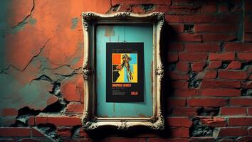 Vintage art print of surrealist style displayed in ornate frame on cracked brick wall photo