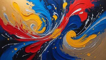 Bright swirling abstract artwork featuring vivid colors and dynamic patterns created with bold brush strokes photo